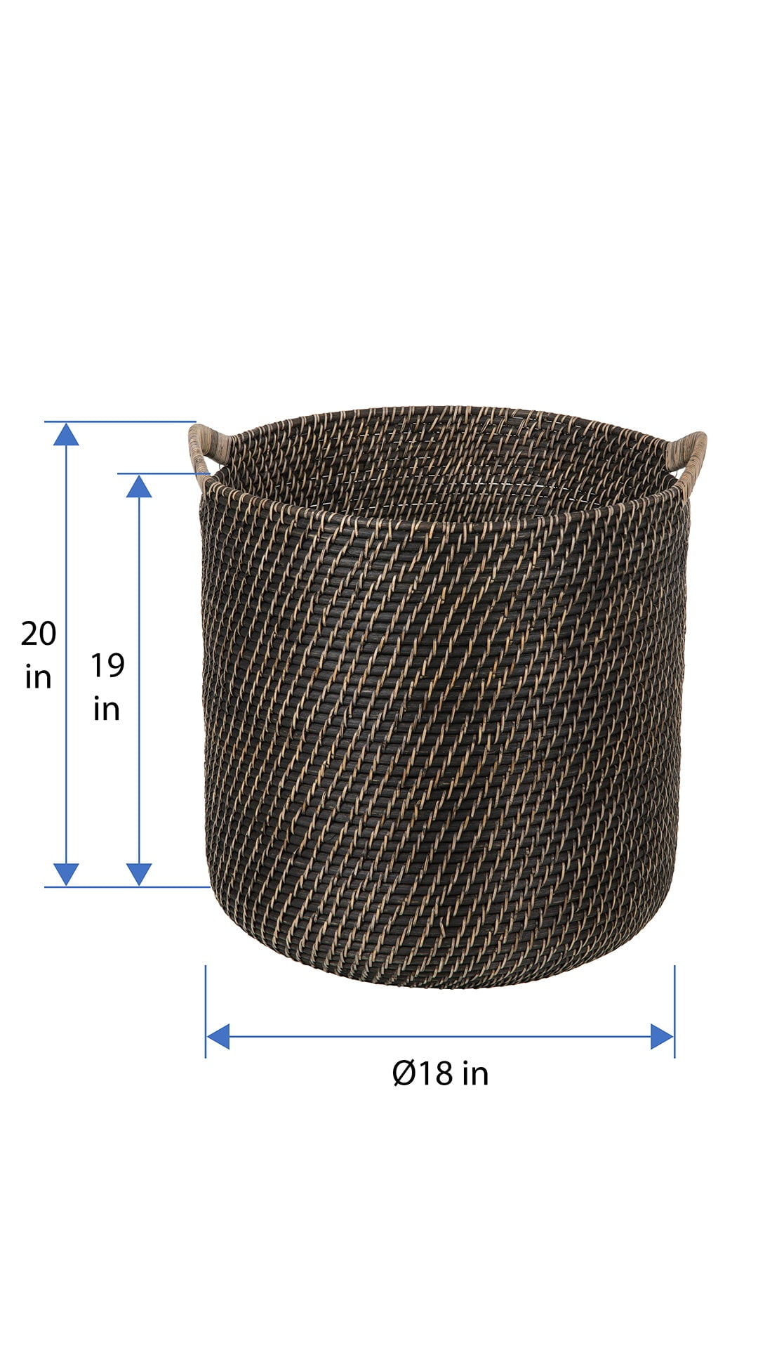 Kouboo Laguna Round Rattan with Ear Handles Basket for Organizing, Living Room, Blankets, Toy Bin, Laundry and Plants, Black Wash