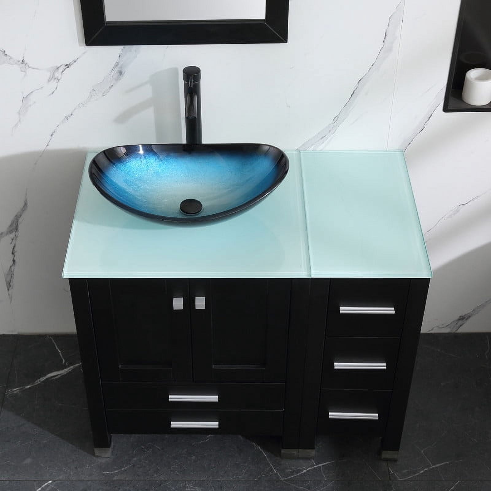 Walsport 36" Luxurious Bathroom Vanity with Blue Tempered Glass Vessel Sink Bowl and Countertop and Mirror and Faucet,Stand Floor Cabinet Bathroom Storage Vanity with Pop Up Drain,Black