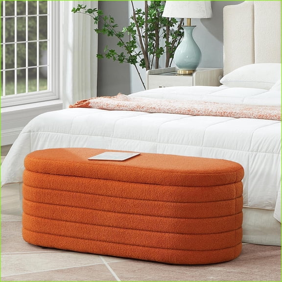 Storage Ottoman Bench, Modern Orange with Safety Hinge | Bedroom Living Room Entryway | Boucle Teddy Fabric