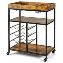 Resenkos 3-Tier Wood Rolling Kitchen Serving Cart with 9 Wine Bottles Rack Metal Frame-Rustic Brown, Storage Rack Microwave Oven Stand for Spices, Pots, and Pans