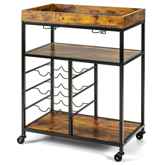Resenkos 3-Tier Wood Rolling Kitchen Serving Cart with 9 Wine Bottles Rack Metal Frame-Rustic Brown, Storage Rack Microwave Oven Stand for Spices, Pots, and Pans