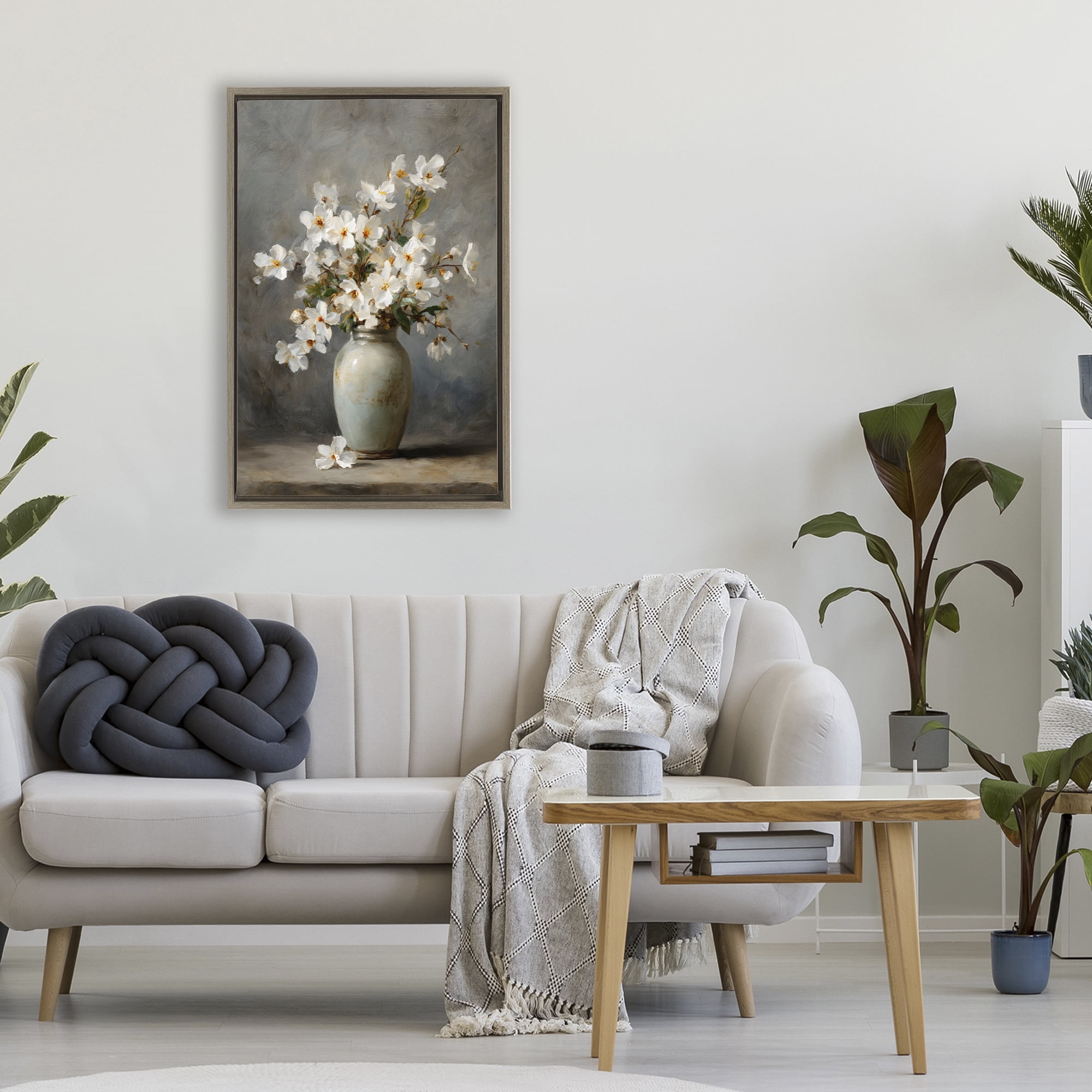 Stupell Industries Full White Flowers in Vase Brown Framed Floater Canvas Wall Art, design by Petal Prints Design