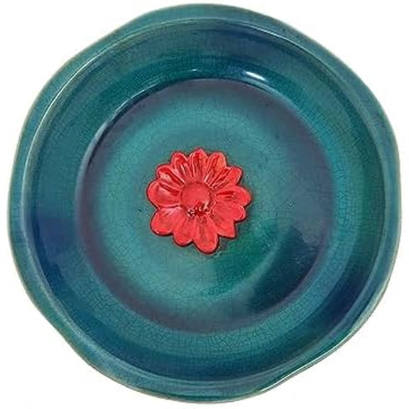 Vintage Round Bird Bath Ceramic Birdbath Bowl Decor for Bird Bee Bath for Outdoor Patio Garden Backyard Yard,12.25 inch Blue with Red Flower$$Garden & Patio