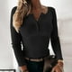 thumbnail image 2 of Túnica de manga larga con cuello en V y botones para mujer: top liso acanalado, estilo informal, poliéster, fácil de combinar con vaqueros/abrigos, para todas las estaciones., 2 of 8