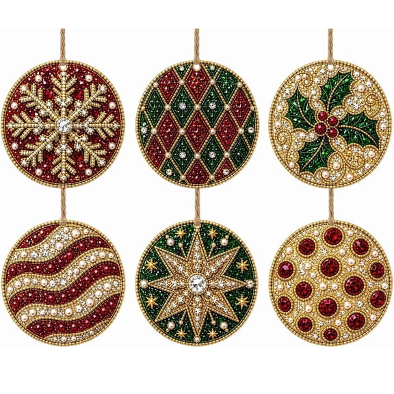 6 Pcs Christmas Wooden Diamond Painting Ornament Kit,Round DIY Diamond Art Hanging Pendant Set with Pattern,Handmade Craft Supplies for Christmas Tree Decor,Holiday Family F