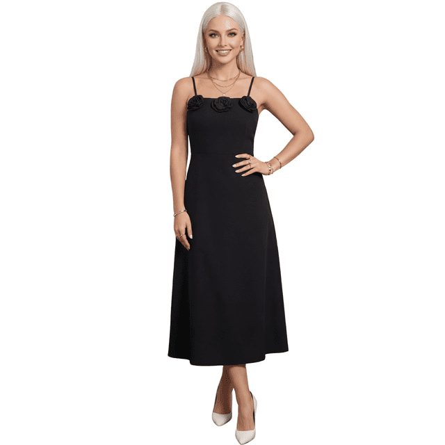 Vestido Midi Elegante con Tirantes y Detalle Floral, Estilo Femenino y Sofisticado para Muje