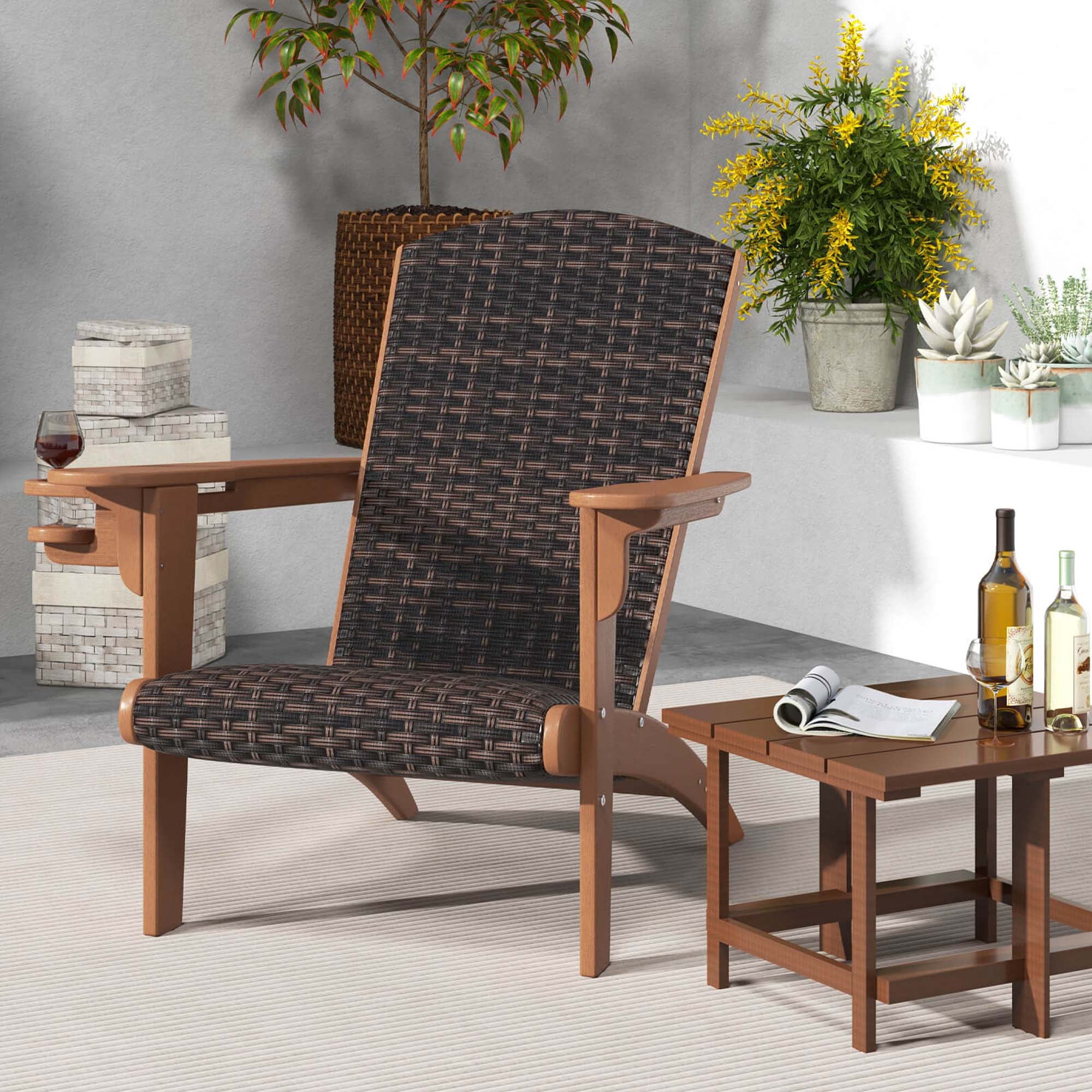 Costway Patio Adirondack Chair with Rattan Padded Seat Wide Armrests & Hidden Cupholder Brown