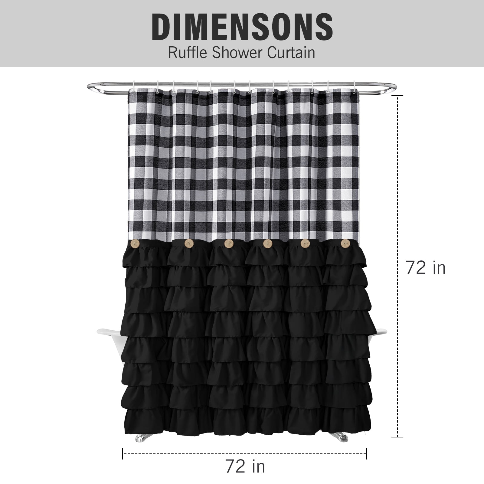 Farmhouse Shower Curtain Black and White Buffalo Plaid Pattern Fabric with Buttons & Black Ruffles 72"x72"