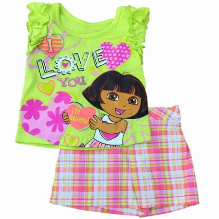 Infant Toddler Girls Dora The Explorer Love You Tee & Plaid Shorts Outfit