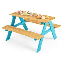 Kids Picnic Table, Fir Wood Toddler Table and Benches, Kids Outdoor Furniture, Blue, 31" x 35" x 20"