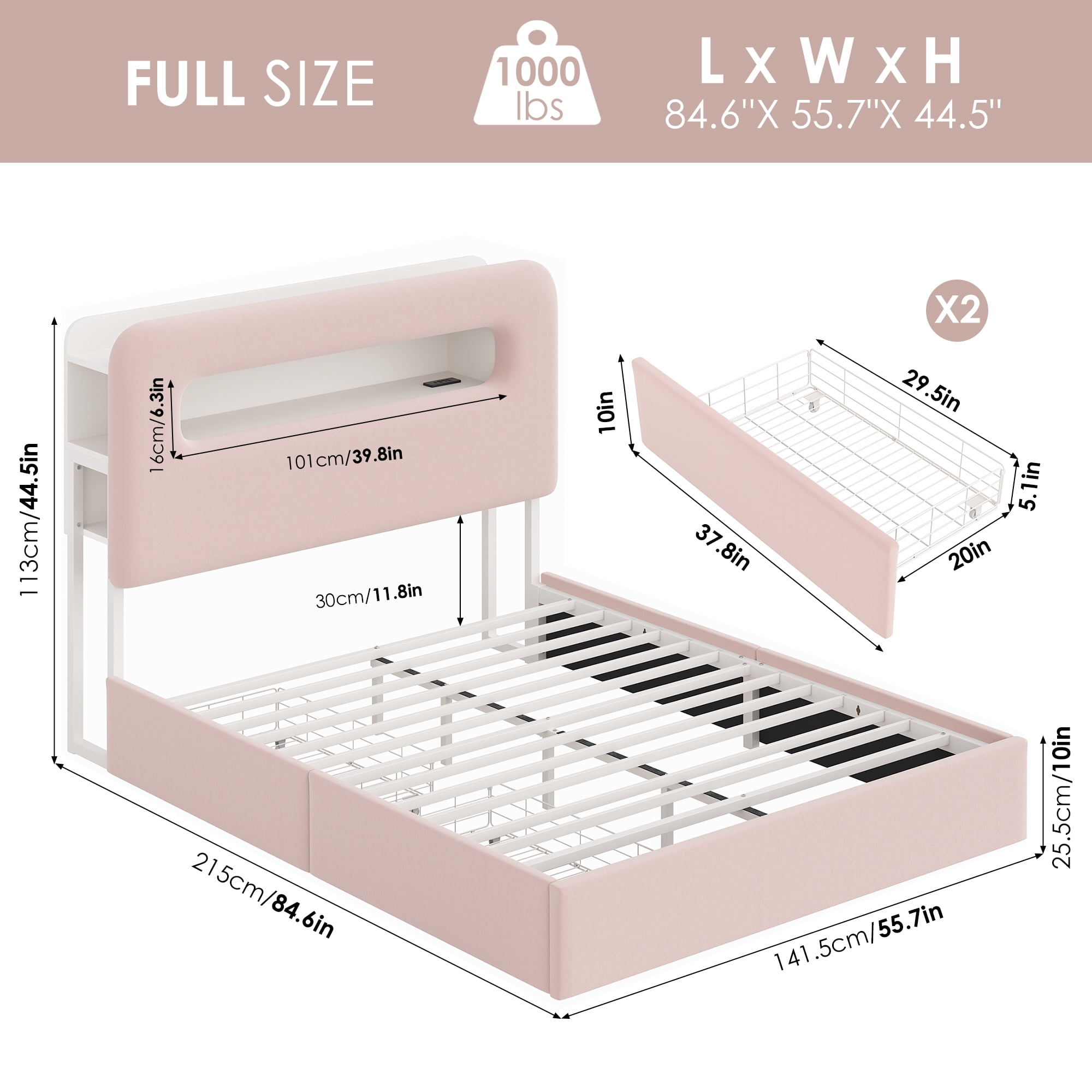 Homfa Full Size LED Bed with Storage Headboard, 4 Drawers, Velvet  Upholstered Frame, Pink - Walmart.com