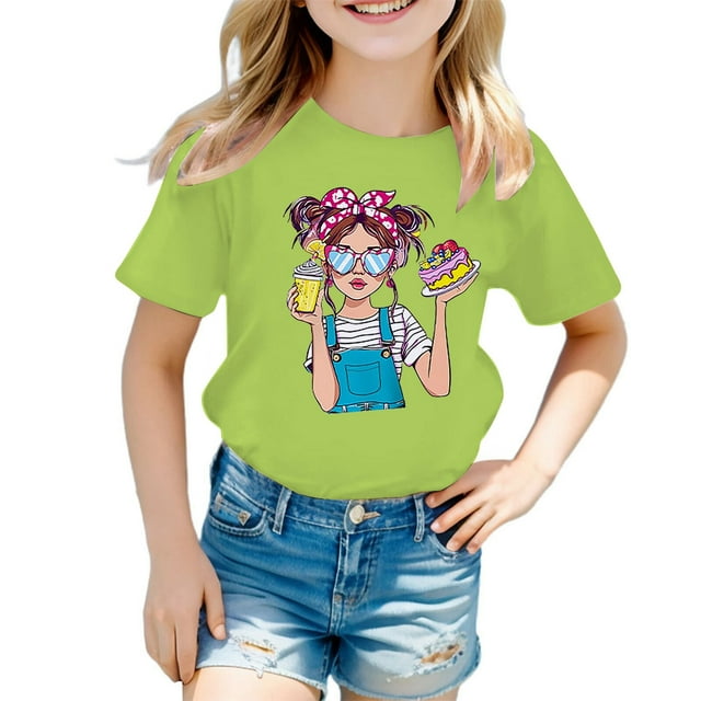 IULZEBTY Chemises Filles Mode Mignon Graphique Col Rond Manches Courtes Tee Été Décontracté T-Shirt Ample Taille 9 Y-10 Y