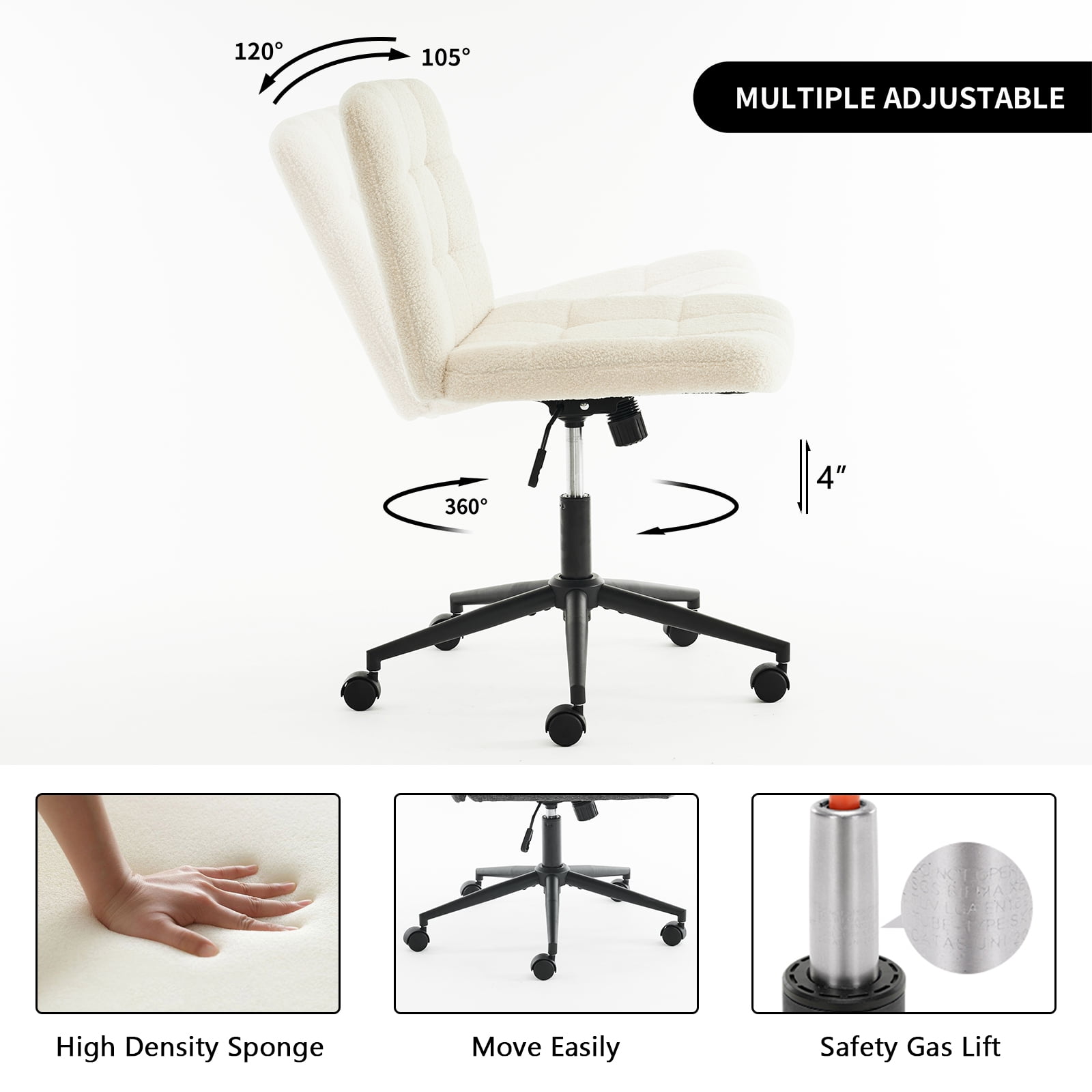 Modern Armless Home Office Chair Wide Desk Chair with Wheels for Home Office, Bedroom, Ivory white