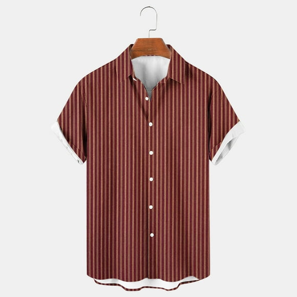 lcziwo Mens Bowling Shirt,Vertical Stripe Shirts for Men Loose Short Sleeve Regular Fit Hawaiian Casual Button Down Beach Shirts 2024,Brown M