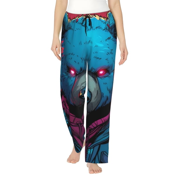 Fotbe Neon Cyberpunk Blue Bear Pantalones de Pijama para Mujer, Pantalones de Dormir, Pantalones Pj con Cordón y Bolsillos-Small