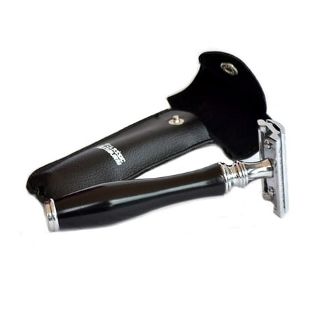 Double Edge Safety Razor Set Black Handle with Genuine Leather Shaving Travel/Protective Case (BLACK HANDLE + 5 SHARK), An extra close shave, Extra weight.., By Classic