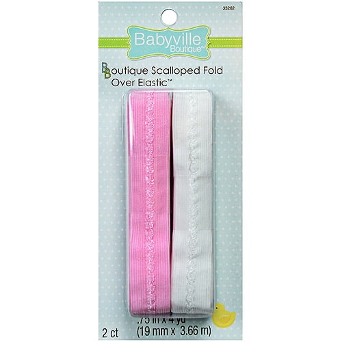 Babyville Boutique Scalloped Fold Over Elastic, 3 4" x 8yd, Pink and White by Dritz