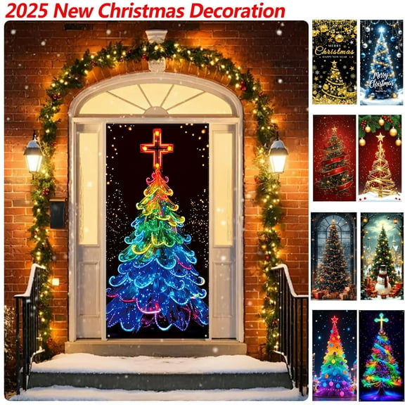 Dmlowu Christmas Door Cover - Xmas Tree Christmas Door Decorations, Merry Christmas Front Door Decorations for Holiday Party Christmas Decorations Indoor & Outdoor, 35x71 inch