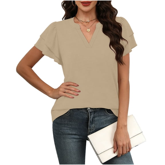 DAFPZW Womens Blouses Dressy Casual Flutter Short Sleeve V-Neck Shirts Business Casual Outfits Solid Color Tunic Tops