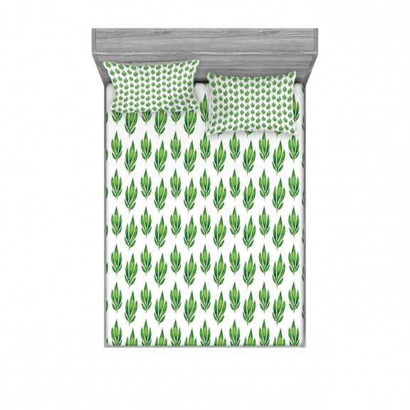 Leaves Bedding Set with Sheet & Covers, Herbal Pattern with Watercolor Foliage Tropical Nature Illustration Grunge Design, Printed Bedroom Decor 2 Shams, 4 Sizes, Green White, by Ambesonne