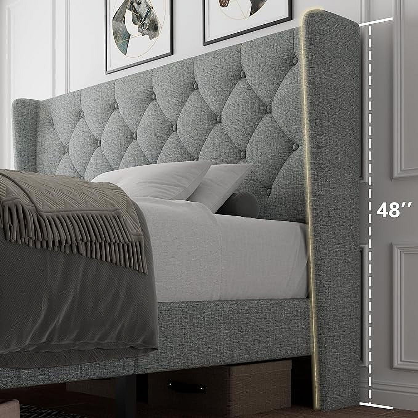 iPormis Queen Size Bed Frame with Diamond Button Tufted Wingback Headboard, Upholstered Platform Bed Frame with Strong Wood Slat Support, No Box Spring Needed, Light Gray