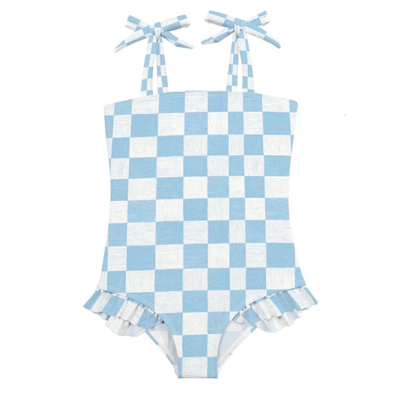 Girls One-Piece Swimsuit Quick Dry Bathing Suit with Bowknot Straps for 18M Light Blue and White Checkered
