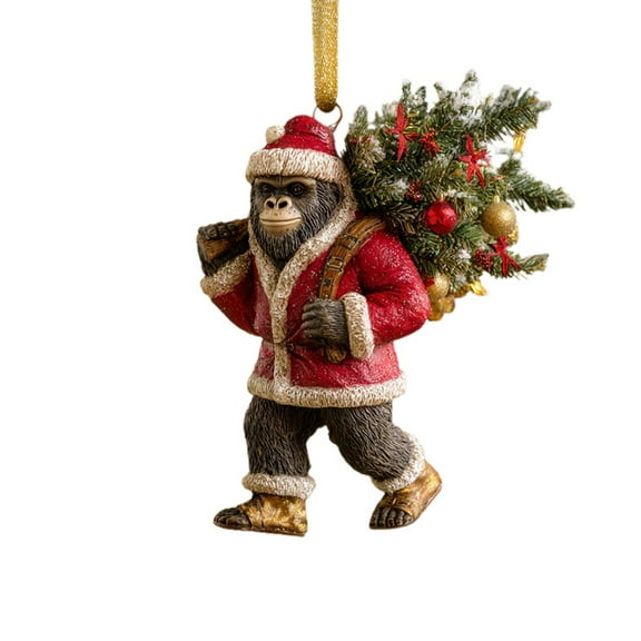 REK Design Toscano Yeti With Xmas Tree Funny Christmas Tree Ornament, 13x8cm Brown Bigfoot The Holiday Yetti