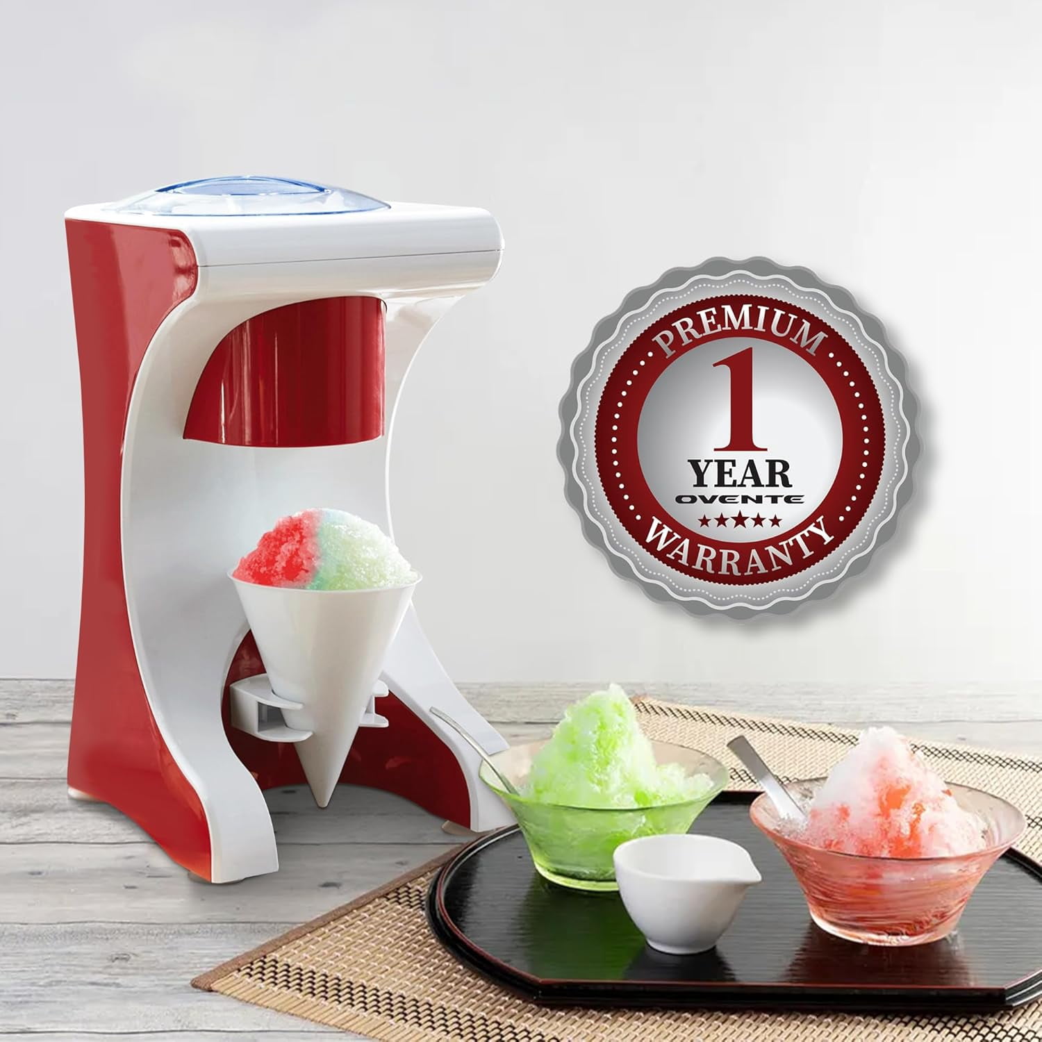 OVENTE Shaved Ice Snow Cone Machine with Reusable Plastic Cup, Non-Slip Mat and Stainless Steel Blade, Kitchen Countertop Slushie Machine for Homemade Snowballs, Frozen Cocktails & More, Red ICR1505R