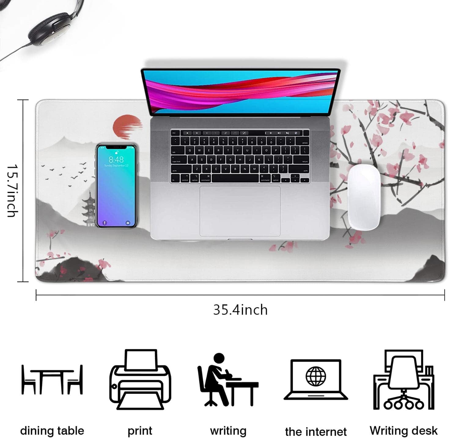 White Cherry Blossom Mouse Pad Japanese Extended Gaming Mouse Pad (35.4x15.7 in) Large Non-Slip Rubber Base Desk Protector with Stitched Edges Sakura Full Desk Mousepad XXXL