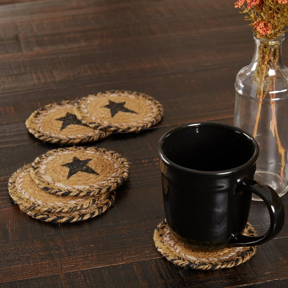 VHC Brands Kettle Grove Primitive Jute Tan Textured Round Kitchen Coaster Stencil Star Set of 6 4"
