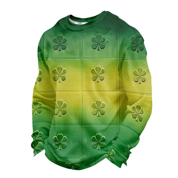 Dwelliawo Men's St Patrick's Day Shirt Printed Long Sleeve Waffle Knit T Shirt St Patricks Day Celtic Cross Flag Slainte Clover Print Tees Crewneck Tops Turquoise 4XL