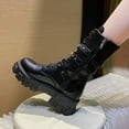 thumbnail image 5 of Xfvqtps Womens Martin Boots Chunky Sole Flatform Booties with Buckle Strap Side Zipper Round Toe Lace up Mid Calf Fashion Boots for Women Fall Winter Black, 5 of 6