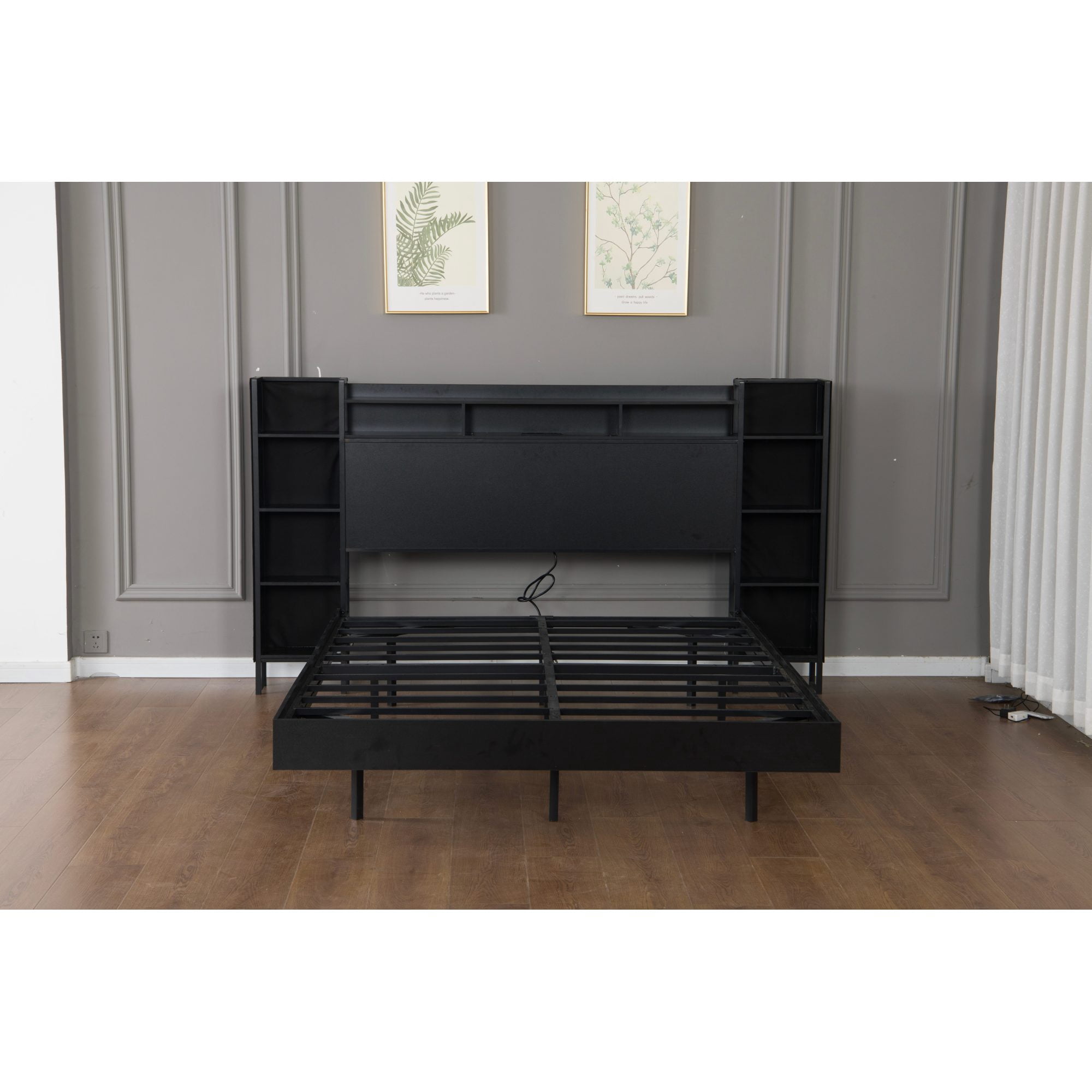 Leumius King Size Floating Bed Frame with Storage Headboard and LED Lights,Heavy Duty Metal Platform Bed with USB Charging Station,No Box Spring Needed,Black