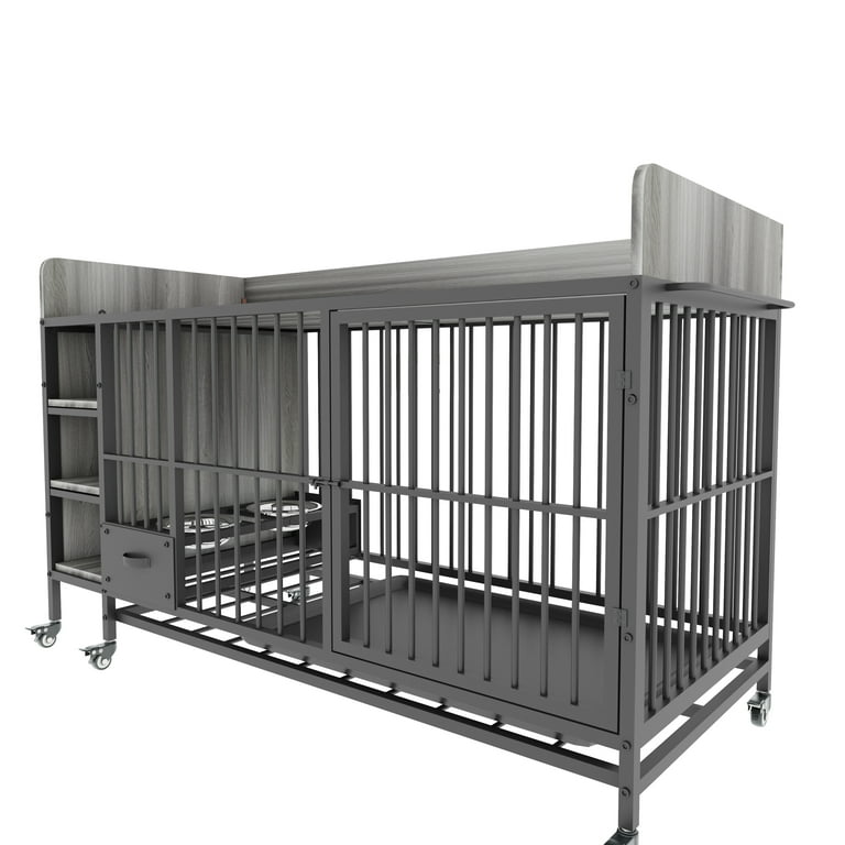 Witaxima Large Pet Cage with Storage Rack & Drawers, 57.08"L x 23.60"W x 33.40"H, Iron Frame & MDF Panel, Stainless Steel Food/Water Basin, 6 Wheels for Mobility, Black+Smoke Gray
