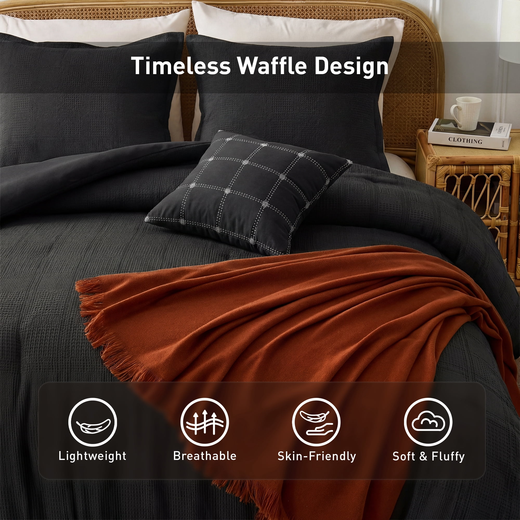 Regency Heights Waffle Weave Comforter Set, Full/Queen Size Textured Comforter Bed Set, 3-Piece Lightweight Bedding Set with Pillow Shams for All Season, Black