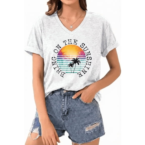 Women's V-Neck Sunshine Palm womens graphic t shirts(V5-White,L)