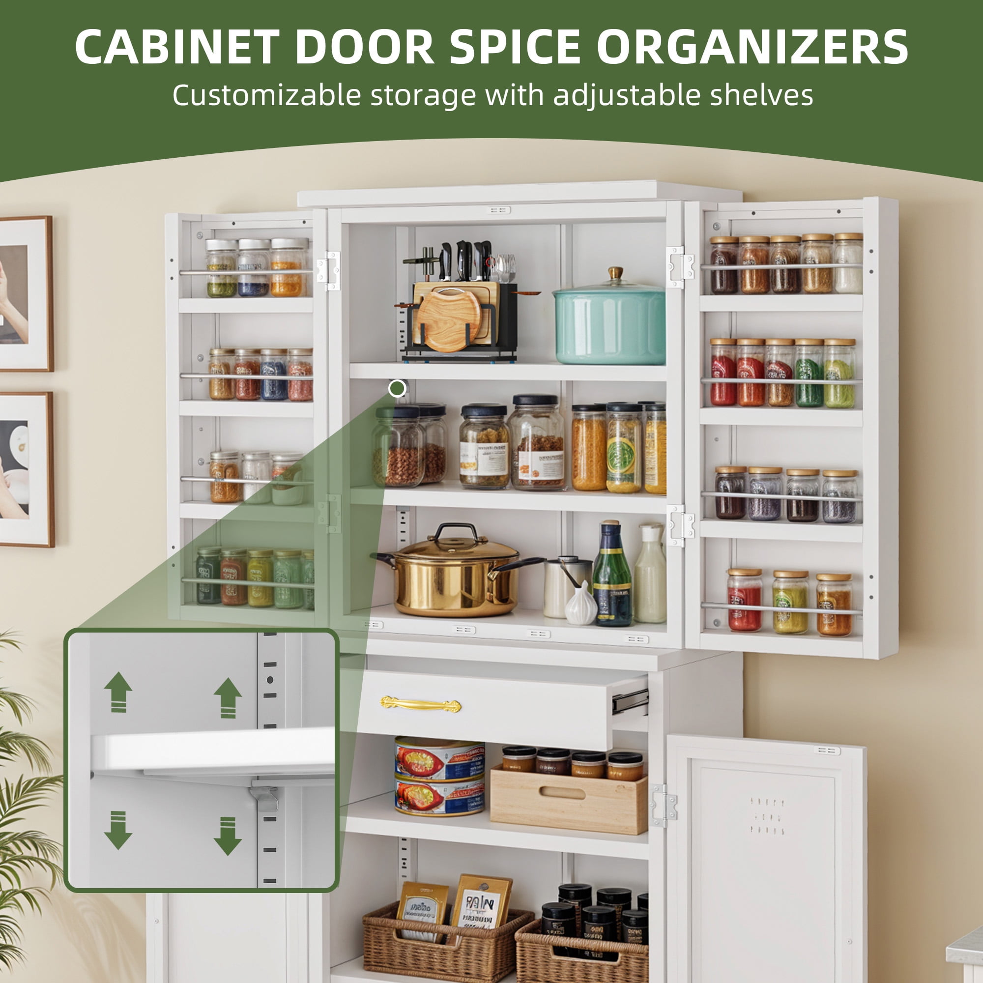 Uforic Pantry Storage Cabinet with Adjustable Shelves, Metal Kitchen Cabinet with Drawer, White