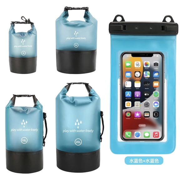 Generic Waterproof Dry Bag with Phone Pouch, Semi-Transparent PVC Floating Sack for Beach & Kayaking, 5L / 10L Single Strap Set, Aqua Blue