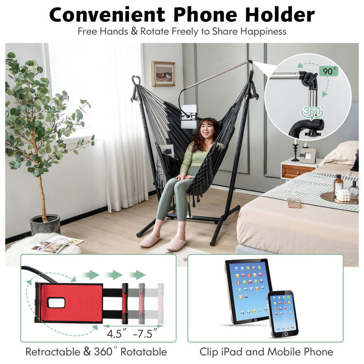Aimee Lii Height Adjustable Hammock Chair with Phone Holder and Side Pocket, Comfy Outdoor Chair, Gray