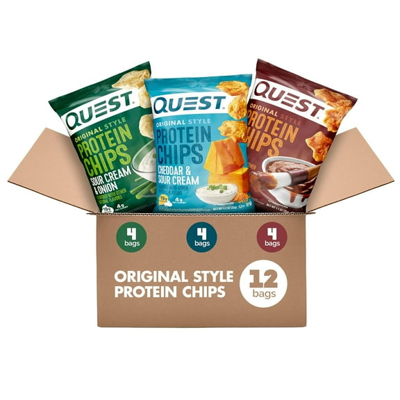 Quest Original Style Protein Chips, Variety Mix; BBQ, Cheddar & Sour Cream, and Sour Cream & Onion, 1.1oz Bags, 12 Count