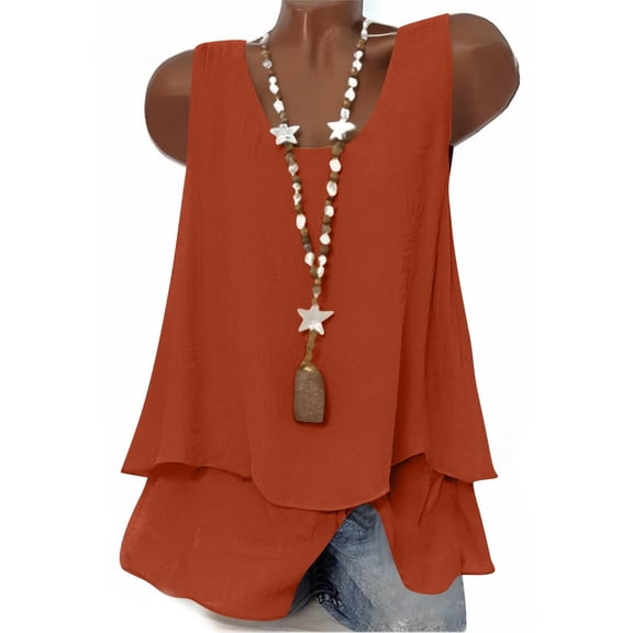 Tank Tops For Women Sevevn Women's Sleeveless Double-Layer Hem Tank Top Loose V-Neck Blouses Orange XXL