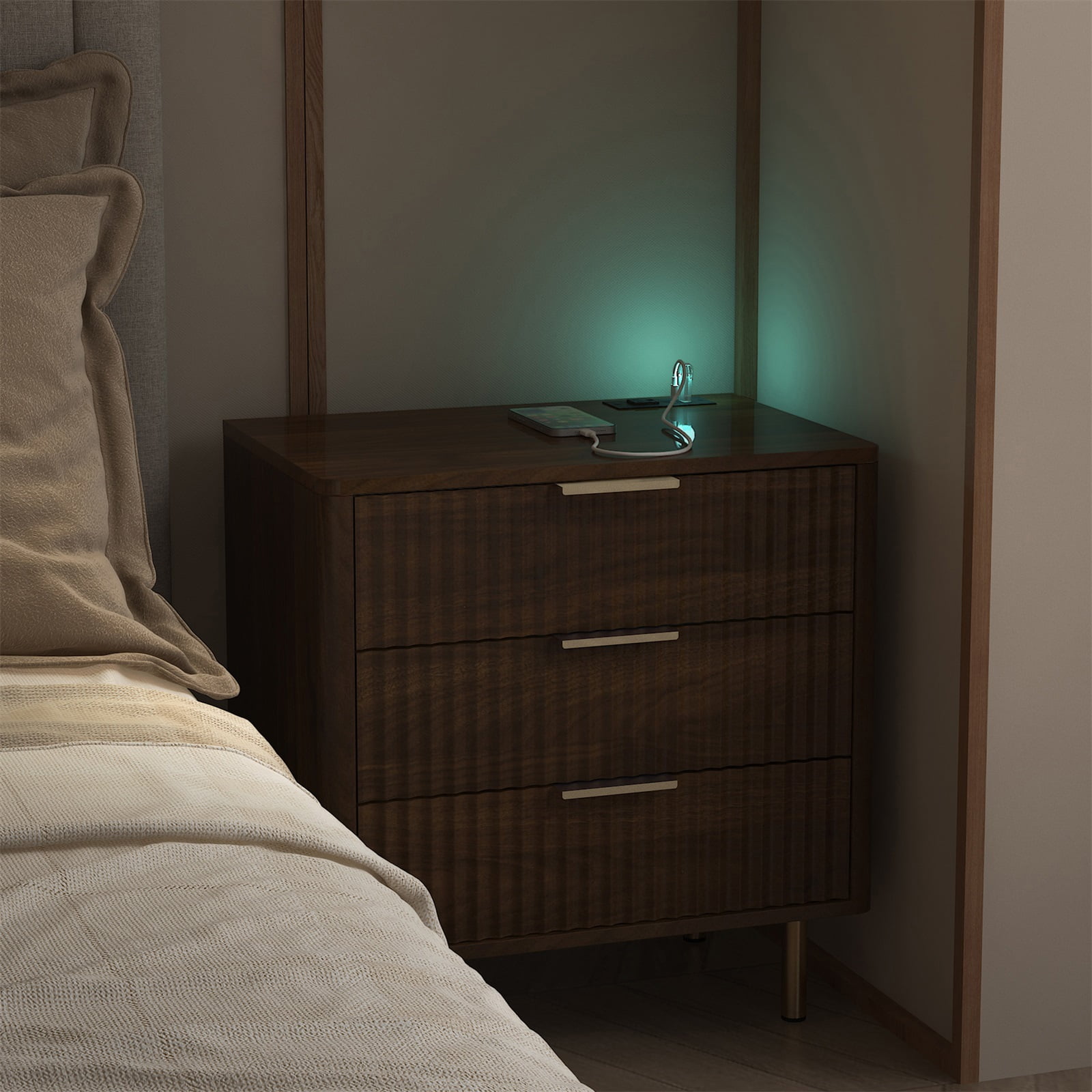 Hommoo 3 Drawer Nightstand with Charging Station & Nightlight, Modern Storage Cabinet Bedside Table for Bedroom, Brown