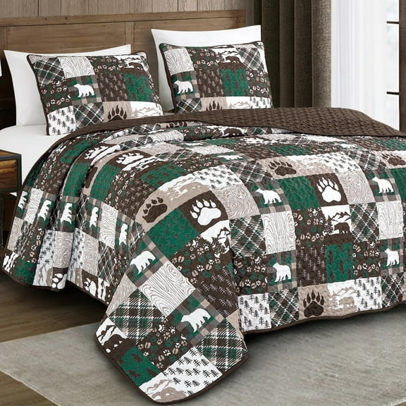 3-Piece Rustic Lodge Polyester Quilt Bedspread Set – Patchwork Bear & Paw Print Cabin Bedding