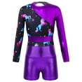 thumbnail image 5 of ZDHoor Kids Girls 2 Piece Sports Yoga Suit Long Sleeve Colorful Prints Leotard with Shorts Purple 8, 5 of 7
