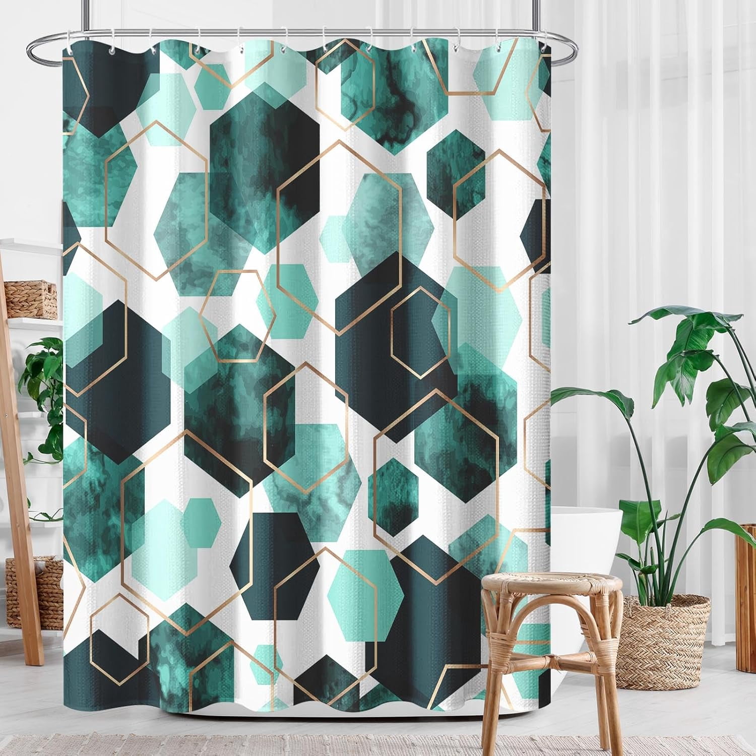 Vintage Brown Shower Curtain Set with Window Curtain, Royal Abstract Line Modern Bathroom Window Curtain with Waterproof Shower Curtain Set for Bathroom Decor