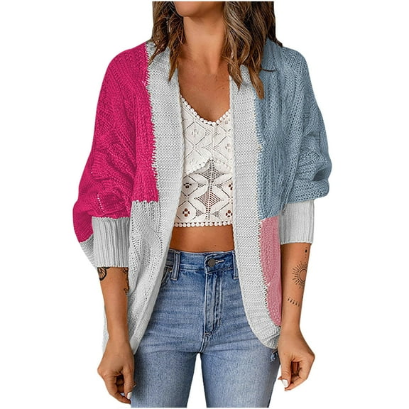 ShomPort Women's Fall Winter Long Sleeve Open Front Casual Color Blocked Knit Cardigan Sweater Outerwear