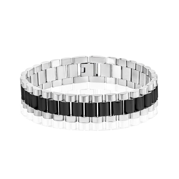 JeenMata Pulsera de eslabones plateados y negros de dos tonos para hombre - Joyería moderna entrelazada