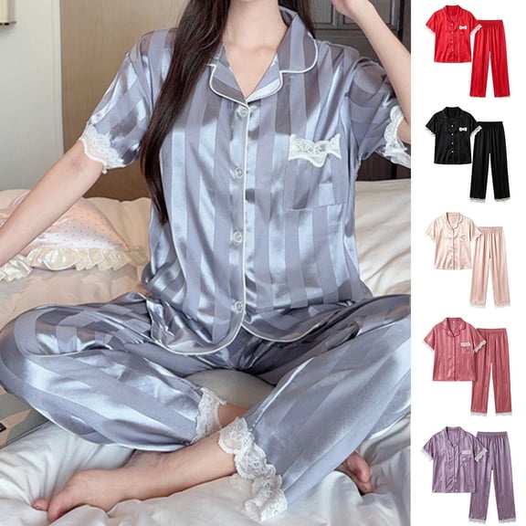 Fewfanhot Womens Pajamas Set Silk Pajama Long Sets Silky Long Pj Sets Sleepwear Stripes Pjs Loungewear
