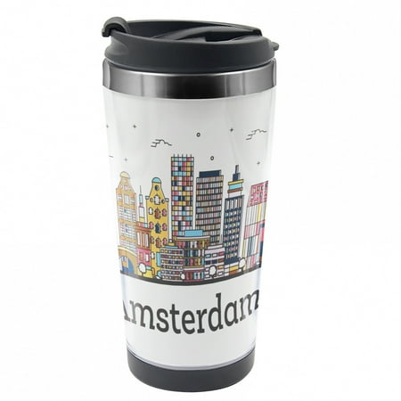

Amsterdam Travel Mug Netherlands Cityscape Steel Thermal Cup 16 oz by Ambesonne