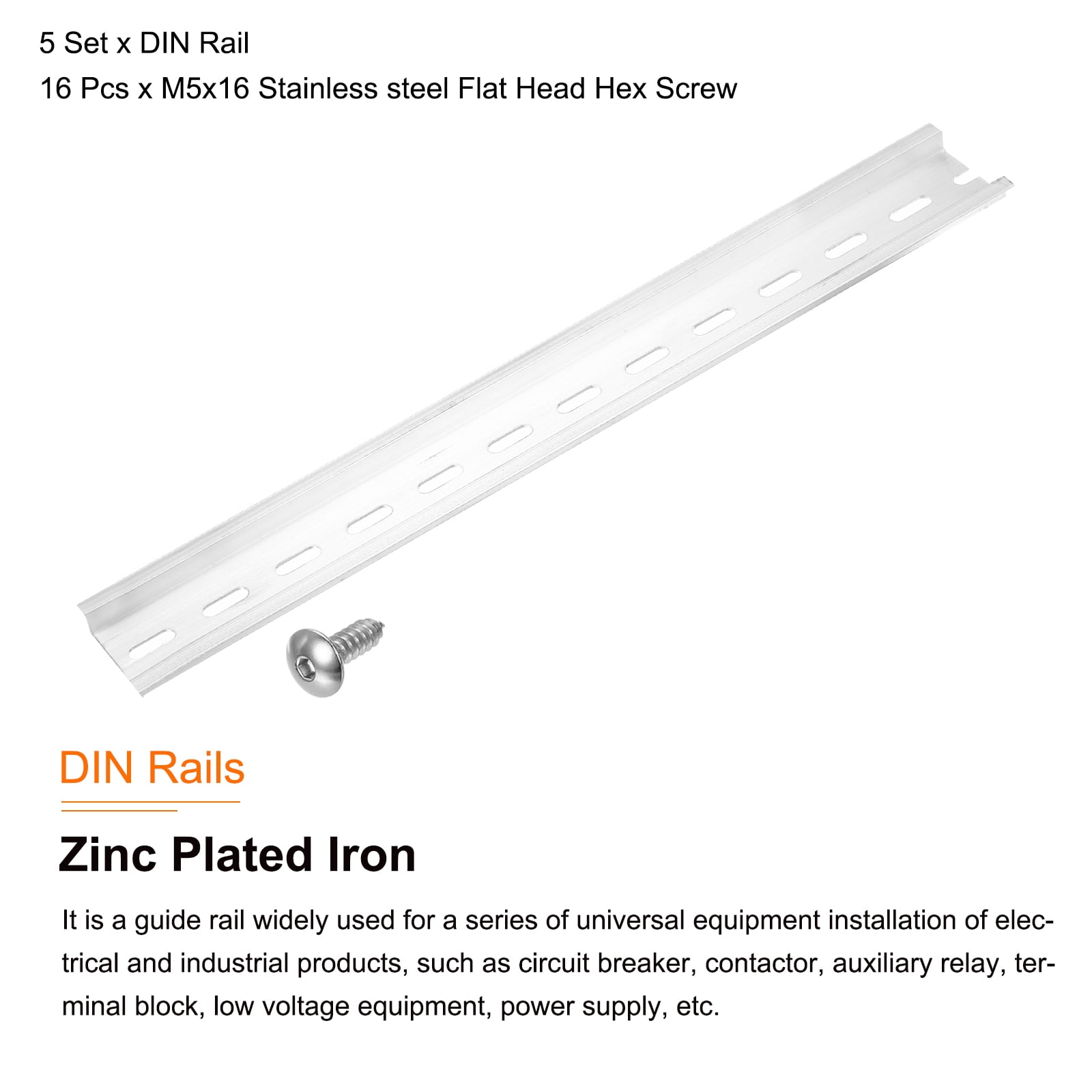 DIN Rail 16" x 1.4" x 0.3" Slotted Zinc Plated Iron Mounting Guide with Stainless Steel Hex Socket Screw 5 Set